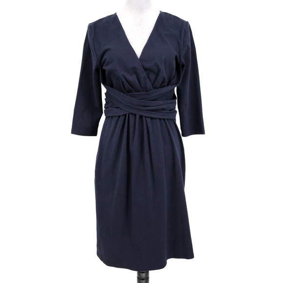 eshakti Dresses & Skirts - eShakti Dress Womens 12 Navy Blue Cotton Stretch Knit Zip Faux Wrap V Neck